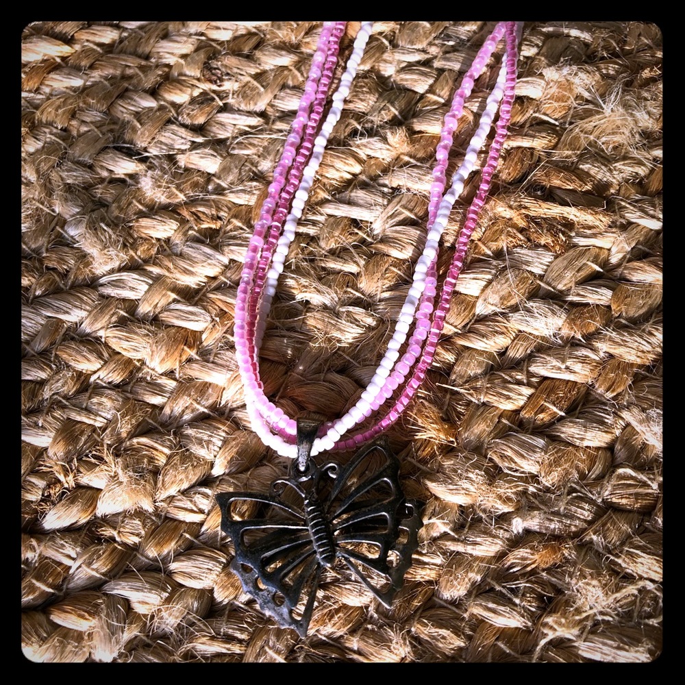 🦋Butterfly metal charm on pink beaded necklace